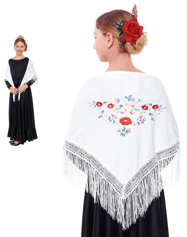 Mantón de Sevillana o Chulapa Blanco Bordado para Niña Sevillanas Partilandia